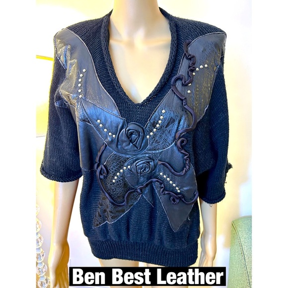 Ben Best Vintage Leather, Black V Neck Sweater with leather design - Picture 1 of 7